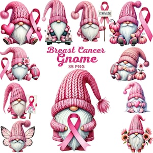 May include: A set of 35 digital images featuring pink gnomes with pink ribbons and other breast cancer awareness symbols. The gnomes are wearing pink hats and have white beards. The images are perfect for crafting, scrapbooking, and other creative projects.