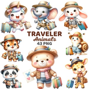 Imágenes prediseñadas de animales viajeros, guardería de aventuras linda acuarela, viaje de viaje equipaje de oso animal del bosque, tema de cumpleaños de viaje para niños Png