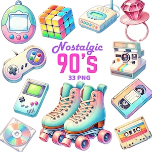 Nostalgic 90s Clipart, Watercolor 90s Elements Bundle, Nineties Nostalgia, Y2K Retro Roller Skates, Neon 1990 Theme Party Vibes Png