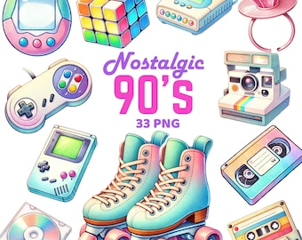 Nostalgisk 90-tals clipart, akvarell 90-tals elementpaket, nittiotalsnostalgi, Y2K retro rullskridskor, neon 1990 temafestvibbar png