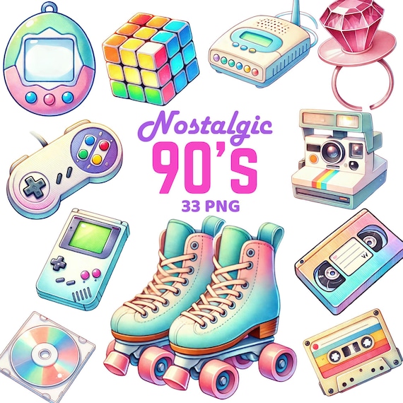 Nostalgic 90s Clipart, Watercolor 90s Elements Bundle, Nineties