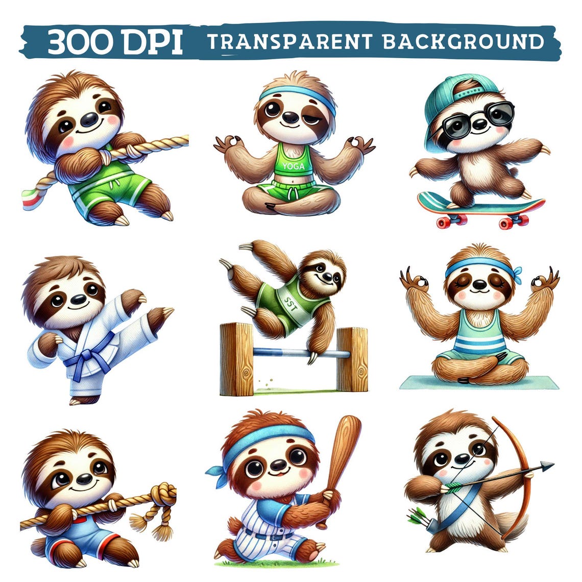 Sport Sloth Clipart, Watercolor Cute Athletic Nursery Decor, Funny ...