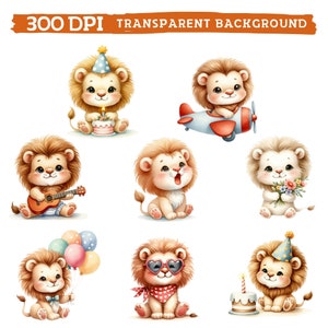 May include: Set of eight digital illustrations of cute cartoon lions in various poses. The lions are wearing party hats, sunglasses, holding musical instruments, and flying a plane. 300 DPI Transparent Background.