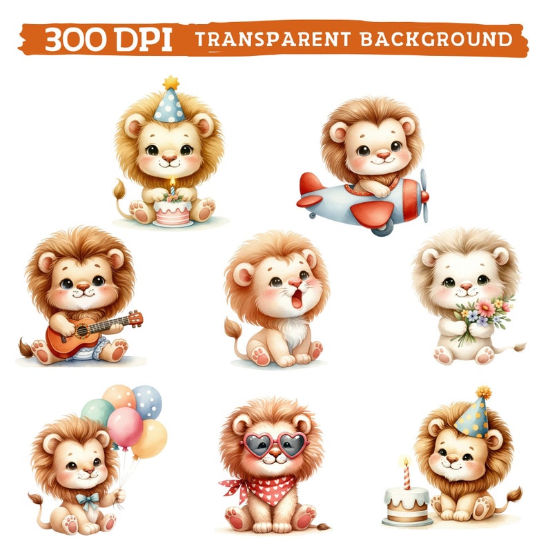 May include: Set of eight digital illustrations of cute cartoon lions in various poses. The lions are wearing party hats, sunglasses, holding musical instruments, and flying a plane. 300 DPI Transparent Background.