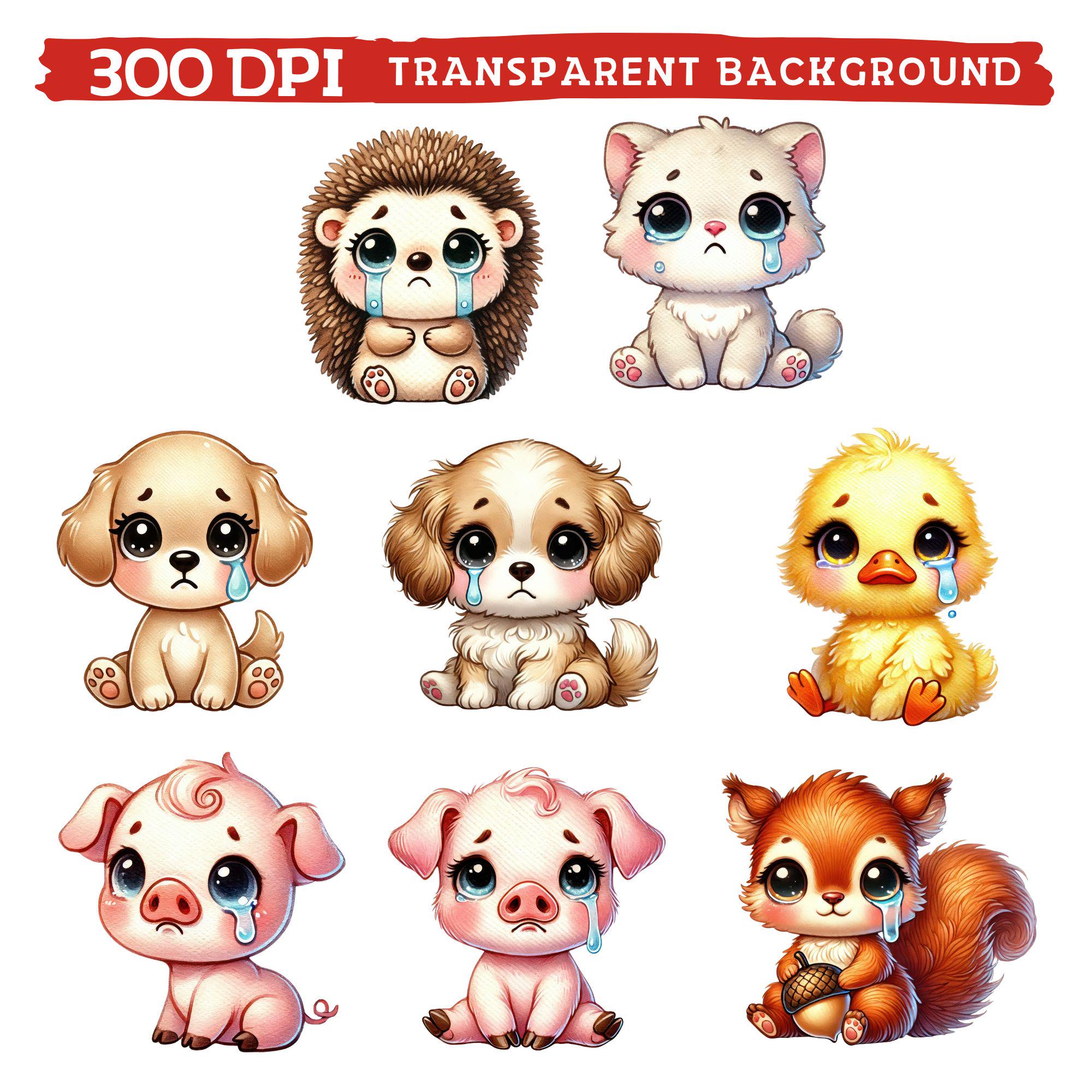 Crying Animals Clipart, Watercolor Sad Cute Animal for Kids, Emotional ...