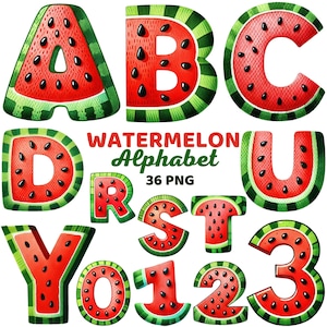 Alfabeto de sandía, letras y números de acuarela, linda fruta de verano, letras frescas y jugosas para fiestas de picnic infantiles, aprendizaje en formato PNG.