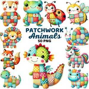 Clipart de animales de patchwork, animal acolchado colorido, tema de costura, linda decoración infantil con acolchado de bosque, textura de tela PNG