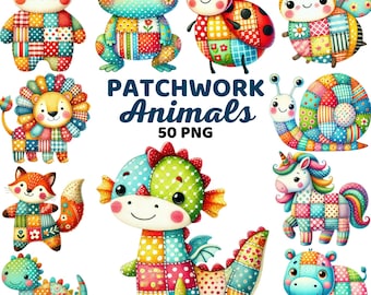 Patchwork Animals Clipart, Colorful Quilted Animal, Sewing Theme, Cute Woodland Quilting Kids Nursery Decor, Fabric Texture Png