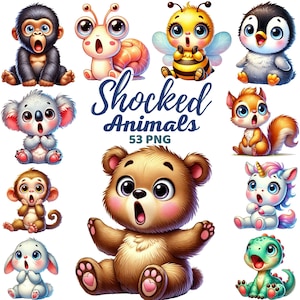Imágenes Prediseñadas de animales conmocionados, choque de animales de acuarela, guardería, niños, animales sorprendidos, expresiones conmocionadas, animales divertidos de la selva del bosque Png