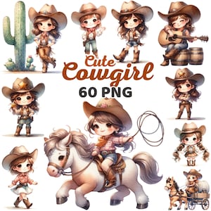Watercolor Cute Girl Cowgirl Clipart, Cowgirls Western Country Nursery Sublimation, Horse Cowgirl Hat Birthday Baby Shower Bundle Png