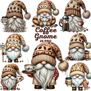 Coffee Gnome Clipart, Watercolor Cozy Coffee-Themed, Coffee Lovers Decor, Coffee Beans, Caffeine Gnomes Bundle Png
