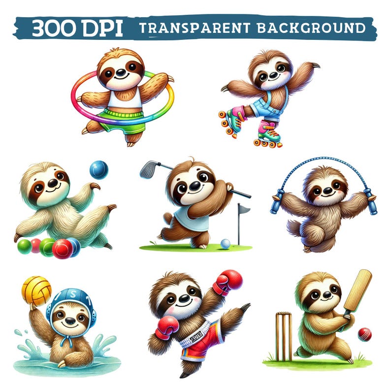 Sport Sloth Clipart, Watercolor Cute Athletic Nursery Decor, Funny ...
