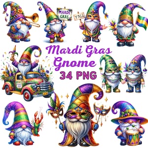 Watercolor Mardi Gras Gnome Clipart, Gnome Festival Carnival Party Sublimation, Mardi Gras Mask, Crawfish, Fleur De Lis, Beads Necklace Png