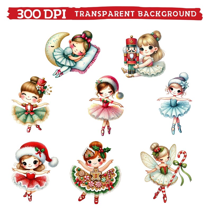 May include: A collection of watercolor illustrations featuring adorable ballerinas in festive holiday attire. Each ballerina is depicted with a unique costume, including a Santa hat, gingerbread dress, and fairy wings. The image also includes text that reads "300 DPI TRANSPARENT BACKGROUND."