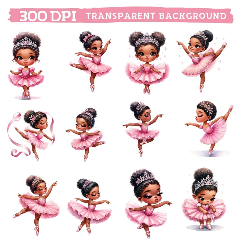 Op de afbeelding: Twaalf digitale illustraties van jonge ballerina's met bruine huid en roze tutu's. Elke ballerina heeft een andere pose en uitdrukking. De achtergrond is transparant.