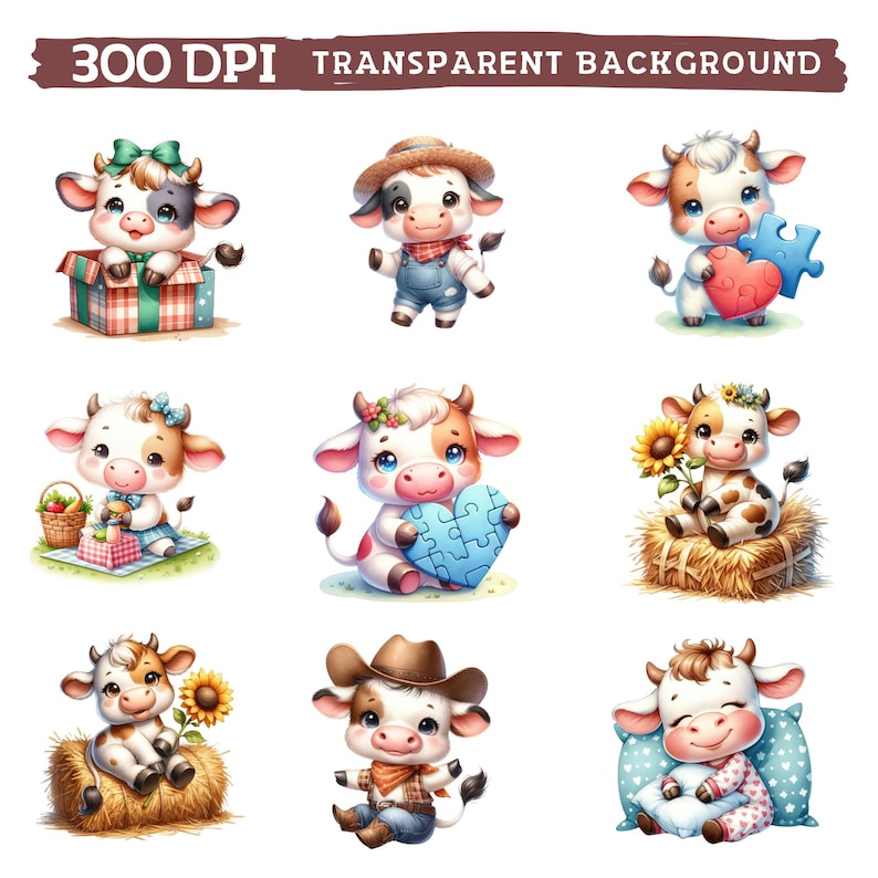 May include: Nine digital illustrations of cute cartoon cows in various poses. The cows are wearing different outfits and accessories, including a cowboy hat, a blue overall, a red heart, and a sunflower. The cows are all on a white background.