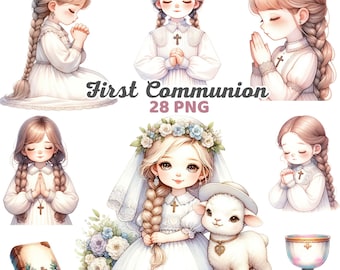 Cute First Communion Clipart, Watercolor Girl Praying, Lamb, Girl Christian Clipart, Holy Communion Kids Prayer Religious Bundle Png