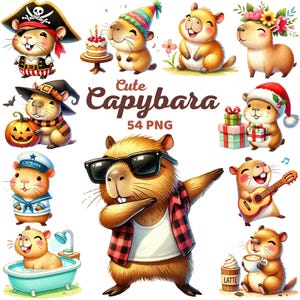 May include: A set of 54 digital illustrations featuring cute capybaras in various poses and outfits. The capybaras are depicted wearing hats, sunglasses, and holding objects like a guitar and a cup of coffee. The illustrations are perfect for use in digital scrapbooking, card making, and other creative projects.