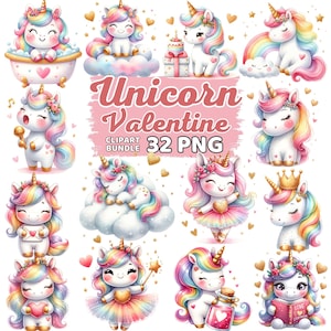 Watercolor Cute Unicorn Valentine Clipart, Romantic Valentine&#39;s Day Heart Girl Nursery Sublimation, kawaii Baby Unicorn Rainbow Lover Png