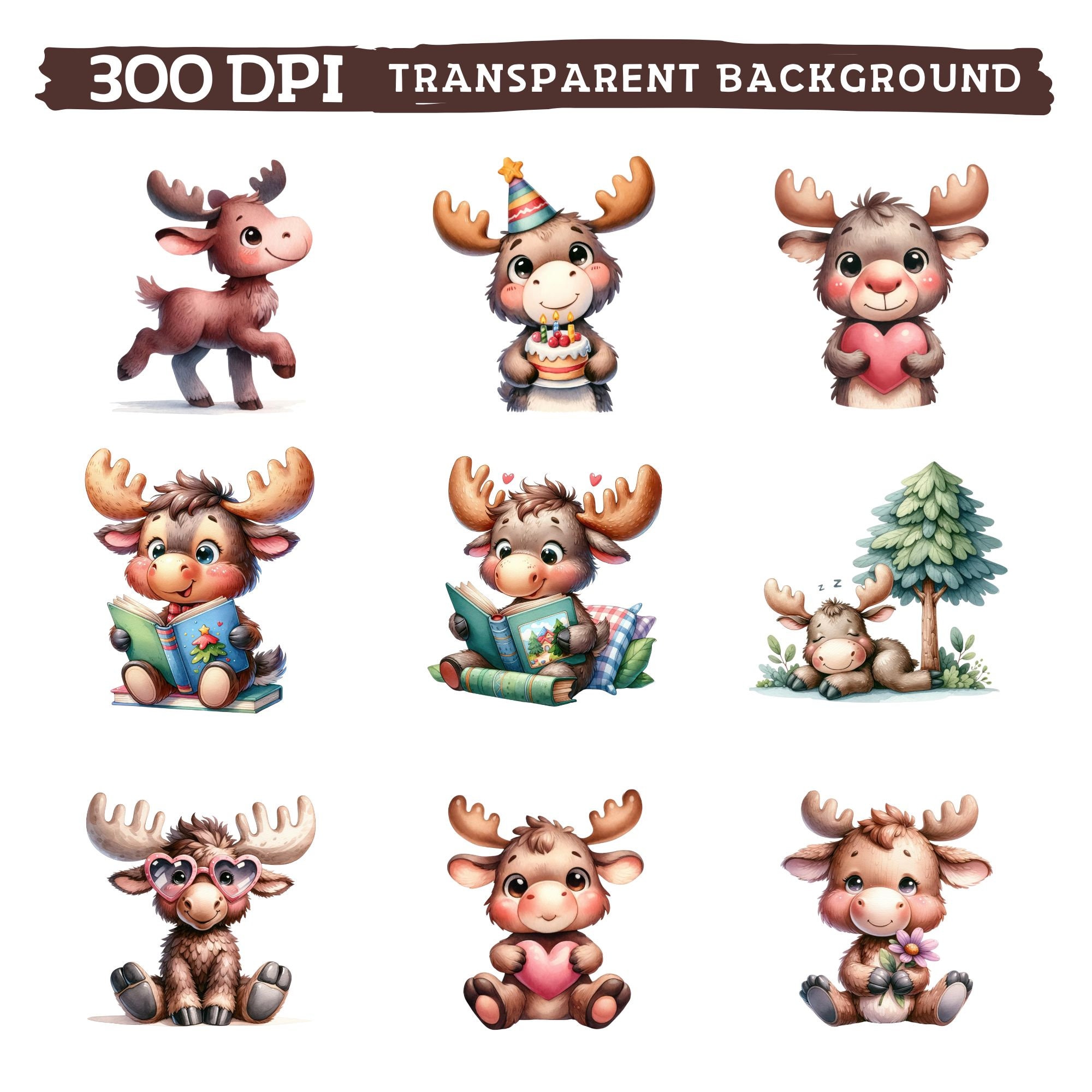 Adorable Moose Clipart, Watercolor Cute Baby Moose Nursery, Woodland ...