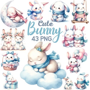 May include: A set of 43 digital illustrations of cute bunnies in various poses and settings. The bunnies are depicted in watercolor style with soft pastel colors. They are wearing scarves, holding flowers, and sitting on clouds. The text "Cute Bunny 43 PNG" is displayed in the center of the image.