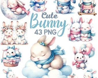 Watercolor Cute Bunny Clipart, Bunny Sleeping on Cloud Nursery, Bunnies Lover Girl Boy Birthday Spring Animal Baby Shower Bundlle Png