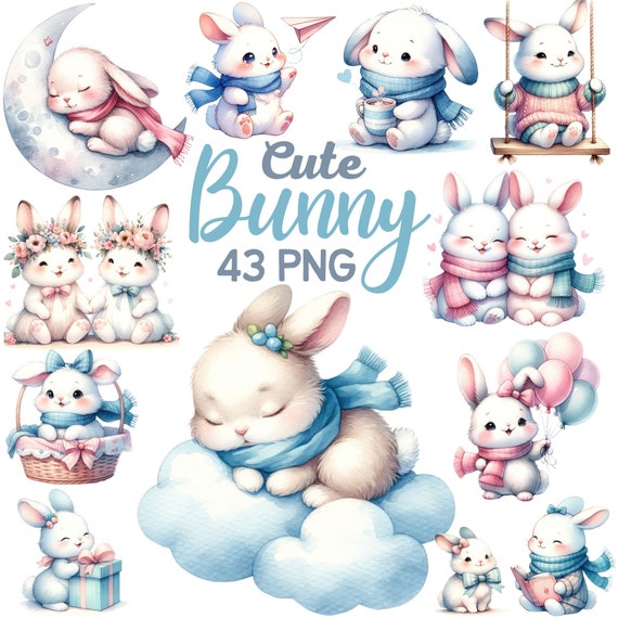 Watercolor Cute Bunny Clipart, Bunny Sleeping on Cloud Nursery, Bunnies Lover Girl Boy Birthday Spring Animal Baby Shower Bundlle Png
