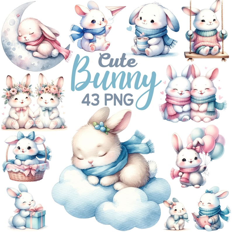 May include: A set of 43 digital illustrations of cute bunnies in various poses and settings. The bunnies are depicted in watercolor style with soft pastel colors. They are wearing scarves, holding flowers, and sitting on clouds. The text "Cute Bunny 43 PNG" is displayed in the center of the image.