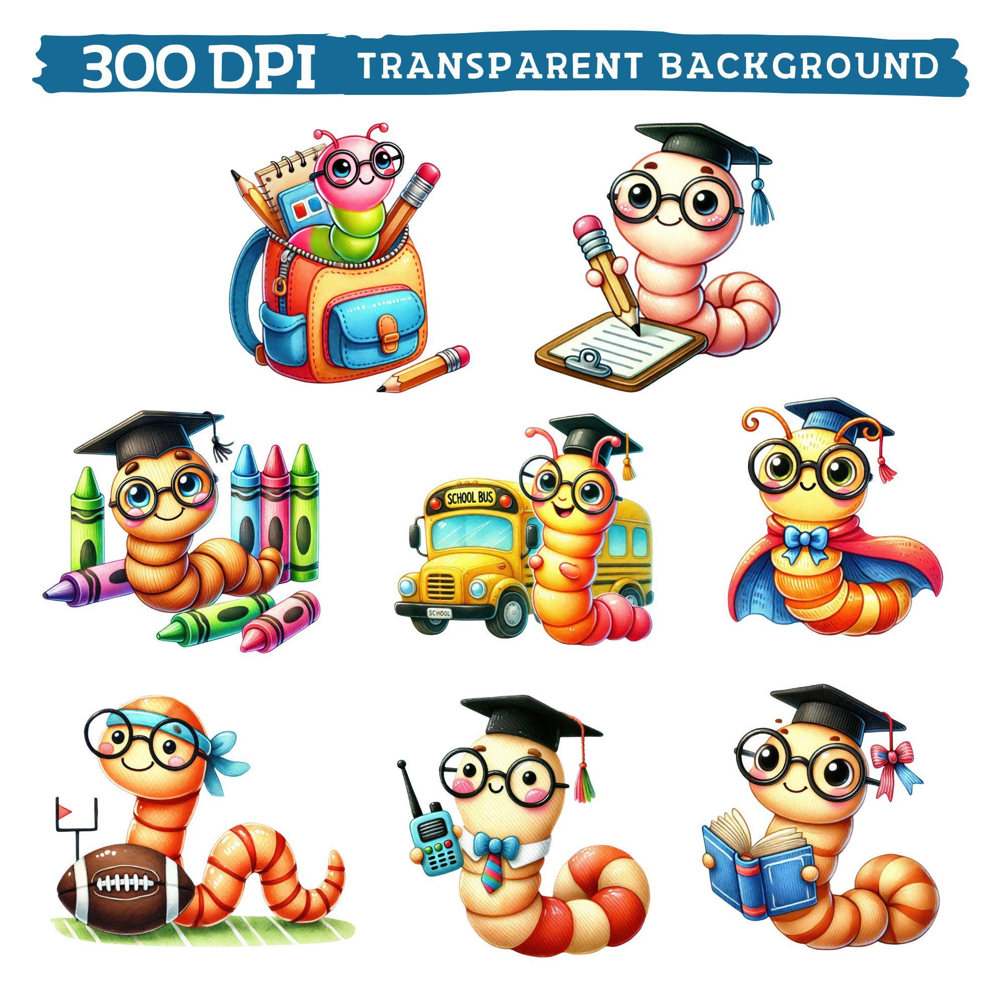 Schoolworm Back to School Worm Clipart, Watercolor Cute Classroom Nursery Decor ...