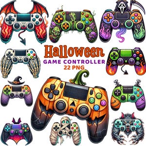 May include: A set of 22 Halloween themed game controller illustrations. The controllers are decorated with various spooky and festive elements, including pumpkins, skeletons, ghosts, and mummies.