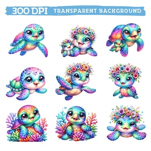 May include: Nine colorful illustrations of cartoon sea turtles with flowers, coral, and shells. The turtles have bright blue eyes and are decorated with rainbow colors.