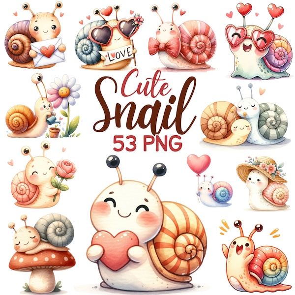 Clipart escargot mignon aquarelle, pépinière de jardin printemps été escargots, petits coquillages animaux amour saison enfants anniversaire baby shower Bundle Png