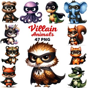 Cute Villain Animals Clipart, Watercolor Baby Animal Nursery, Fantasy, Comic Style, Safari Woodland Fairy Tale, Halloween, Birthday Png