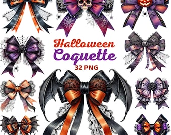 Halloween Coquette Clipart, Watercolor Halloween Coquette Bow, Spooky Gothic Coquette Halloween Bows, Skull Pumpkin, Bat Wings Lace Bow Png