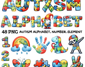 Watercolor Autism Alphabet Png Clipart, Puzzle Letters, Number, Element, Gnome, T-rex, Ribbon Sublimation, Jigsaw Font Png