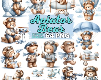 Watercolor Cute Aviator Bear Clipart, Boy Nursery Aircraft Helicopter Retro Airplane Sublimation, Birthday Bears Baby Shower Bundle Png