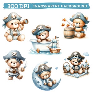 May include: Six illustrations of cute teddy bears dressed as pirates. The bears are wearing blue and white pirate hats, some have eye patches, and some are holding pirate swords. The bears are in various settings, including a bathtub, a boat, a moon, and a picnic blanket.