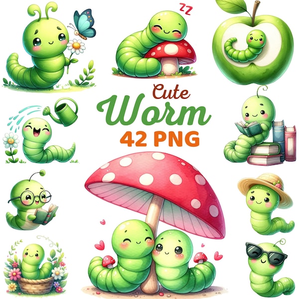 Watercolor Cute Worm Clipart, Wormy Spring Summer Nursery Sublimation, Caterpillar Lover Insect Kids Boy Girl Birthday Bundle Png