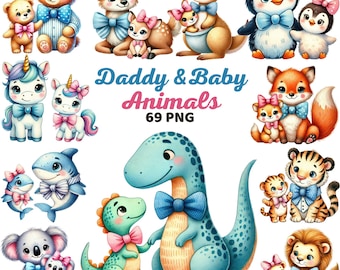 Süße Papa und Baby Tiere Clipart, Aquarell Mädchen Waldtier Kinderzimmer, Bär Hase Papa Dauther Vatertag Geburtstag Baby Shower Png