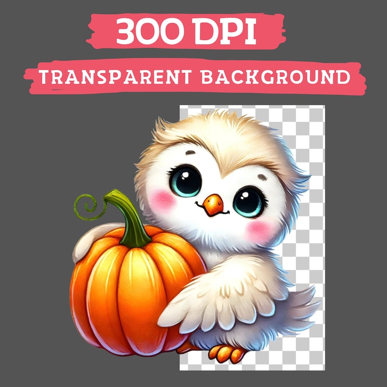 May include: A digital illustration of a cute owl holding an orange pumpkin. The owl has large blue eyes, pink cheeks, and white feathers. The image includes the text "300 DPI TRANSPARENT BACKGROUND" in a pink banner.