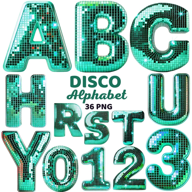 Retro Disco Alphabet Clipart, Teal Shiny Mirror Ball Letters & Numbers ...