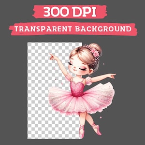 Op de afbeelding: Een digitale illustratie van een ballerina die een roze tutu en roze balletten draagt. Ze heeft bruin haar met een roze bloem erin. De achtergrond is transparant.