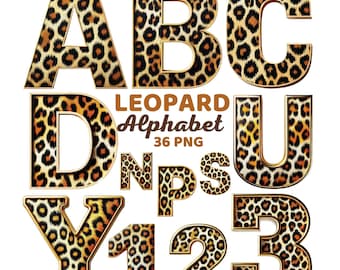 Leopard Alphabet Clipart, Animal Print Cheetah Letters and Numbers PNG
