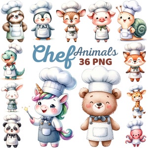 May include: A set of 36 digital illustrations of cute animals dressed as chefs. The animals include a sloth, penguin, deer, pig, snail, fox, unicorn, bear, giraffe, panda, octopus, and rabbit. Each animal is wearing a white chef's hat and a white apron. The illustrations are in a cartoon style and are perfect for use in a variety of projects, such as greeting cards, invitations, and scrapbooking.