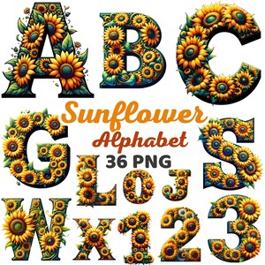 Alfabeto de girasol, Letras de números de girasol Png, Sublimación del alfabeto de girasoles, Letras florales de girasol Clipart botánico de verano