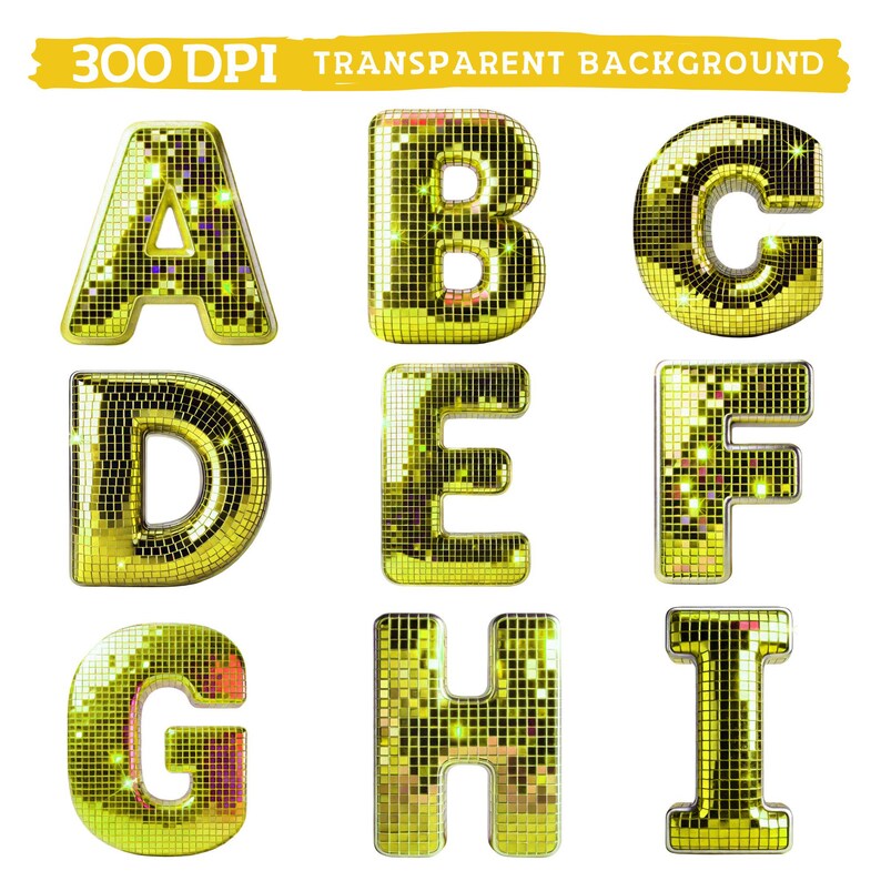 Retro Disco Alphabet Clipart, Yellow Shiny Mirror Ball Letters ...