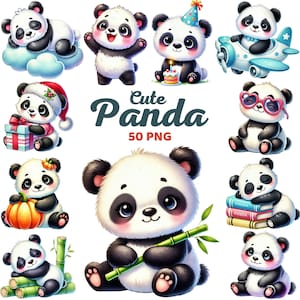 Lindo Panda Clipart, Vivero de animales de acuarela, Panda bebé con bambú, Halloween, Navidad, Paquete de baby shower de cumpleaños para niños Png