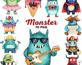 Cute Monster Clipart, Fantasy Creatures, Children Spooky, Watercolor Monsters Nursery, Funny Monster, Kids Birthday Party Png