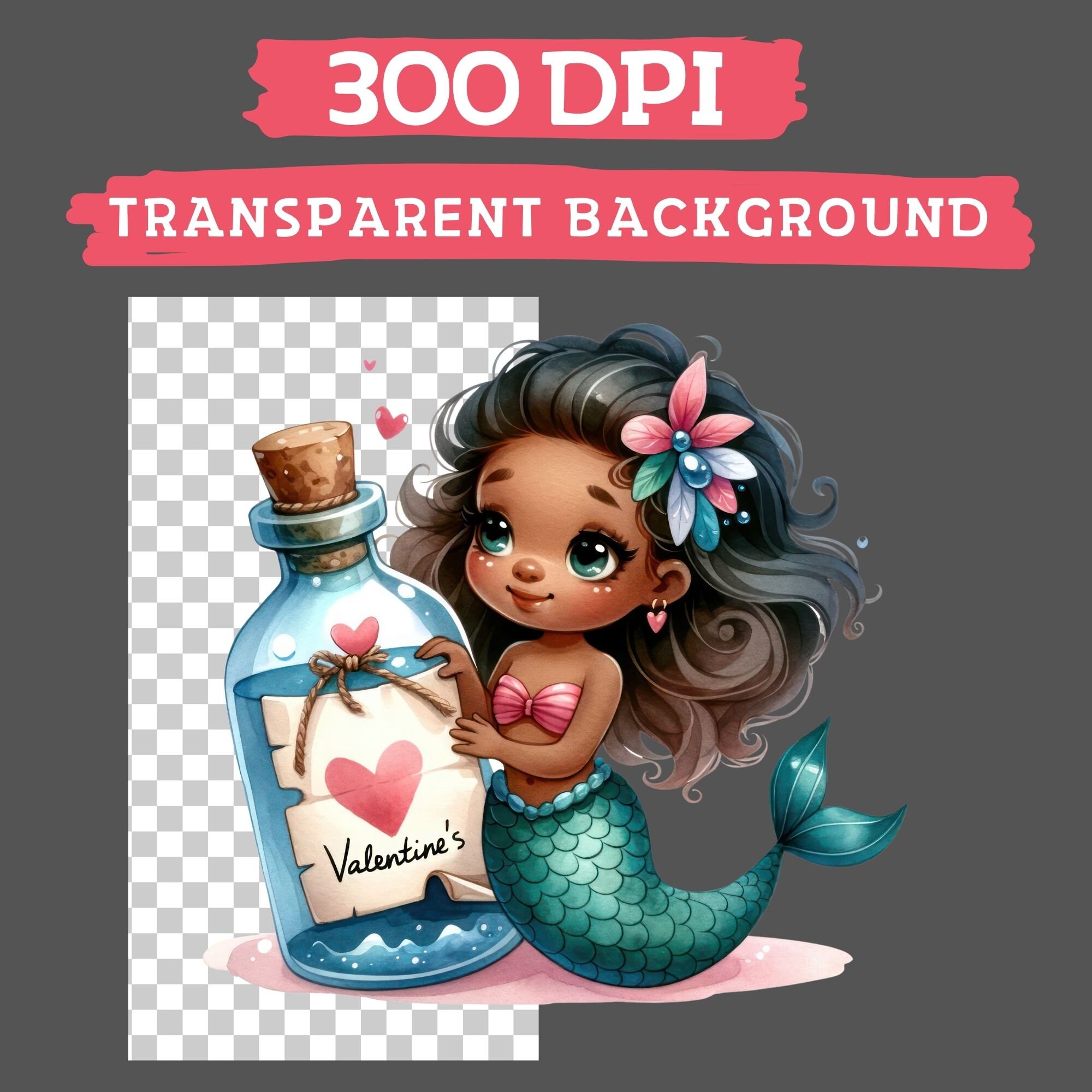 Watercolor Cute African American Mermaid Valentines Clipart Png ...