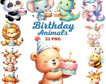 May include: A set of 10 birthday animal illustrations with a colorful party theme. The animals include a unicorn, a bear, a deer, a lion, a bunny, a bee, a giraffe, an elephant, a dinosaur, and a panda. Each animal is holding a birthday cake with candles.